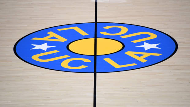 UCLA Bruins logo at center court at Pauley Pavilion.